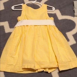 Yellow seersucker button back dress w/ sash